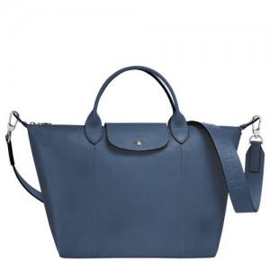 Longchamp Le Pliage Cuir Top handle bag M Pilot Blue | IAG-103748