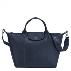 Longchamp Le Pliage Cuir Top handle bag M Navy | XBP-165473