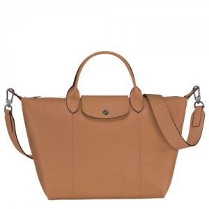 Longchamp Le Pliage Cuir Top handle bag M Hazelnut | MZP-217859
