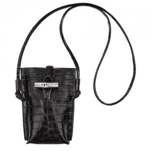 Longchamp Roseau Croco Phone case with lace Black | FME-123849