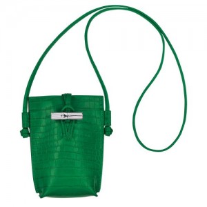 Longchamp Roseau Croco Phone case with lace Green | LNB-179265